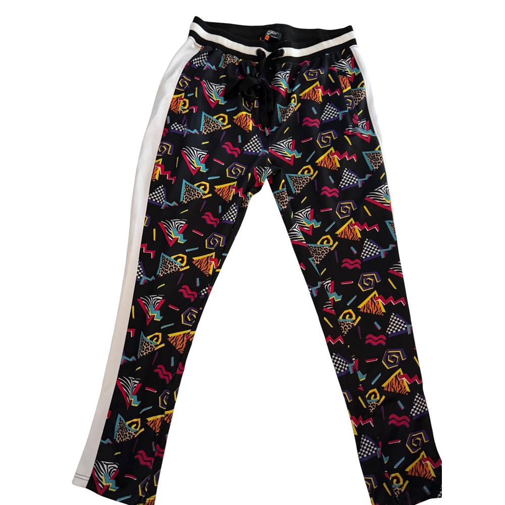 Screenshot Mens XL 90s Retro Geometric Animal Print Joggers Track Pants Black